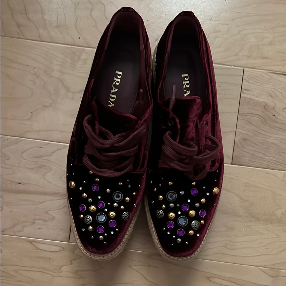 Prada Red and Black Flats with Velvet Finish